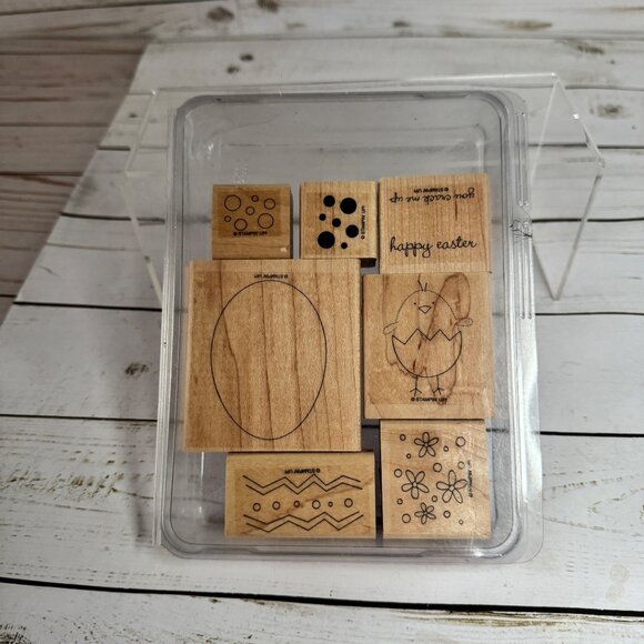 Stampin Up Easter Themed Rubber Stamps Set Of 7 - Egg Chick Patterns Words - Picture 2 of 4